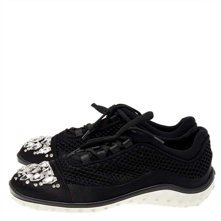 Pre Owned Miu Miu Black Satin And Mesh Crystal Embellished Low Top Sneakers Size 39