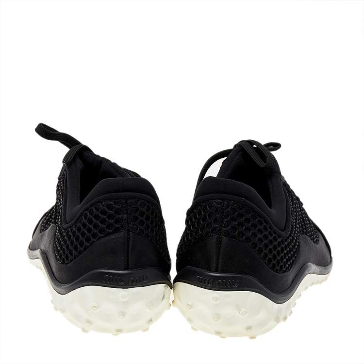 Pre Owned Miu Miu Black Satin And Mesh Crystal Embellished Low Top Sneakers Size 39
