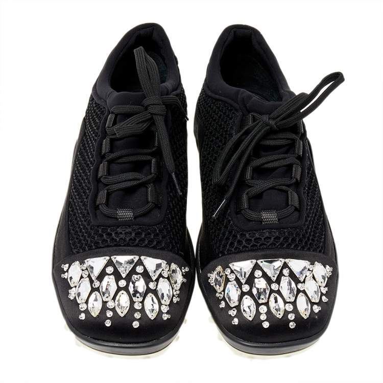 Pre Owned Miu Miu Black Satin And Mesh Crystal Embellished Low Top Sneakers Size 39