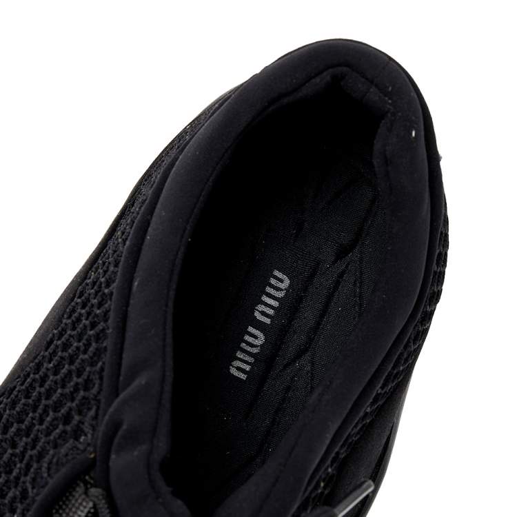 Pre Owned Miu Miu Black Satin And Mesh Crystal Embellished Low Top Sneakers Size 39