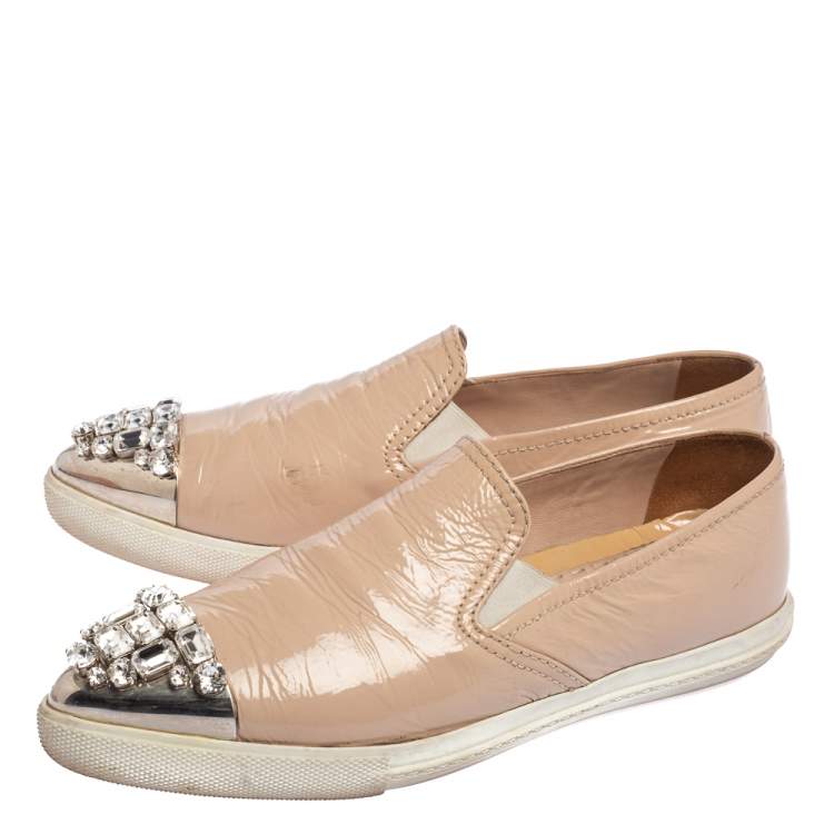 Pre Owned Miu Miu Beige Patent Leather Crystal Embellished Cap Toe Slip On Sneakers Size 38