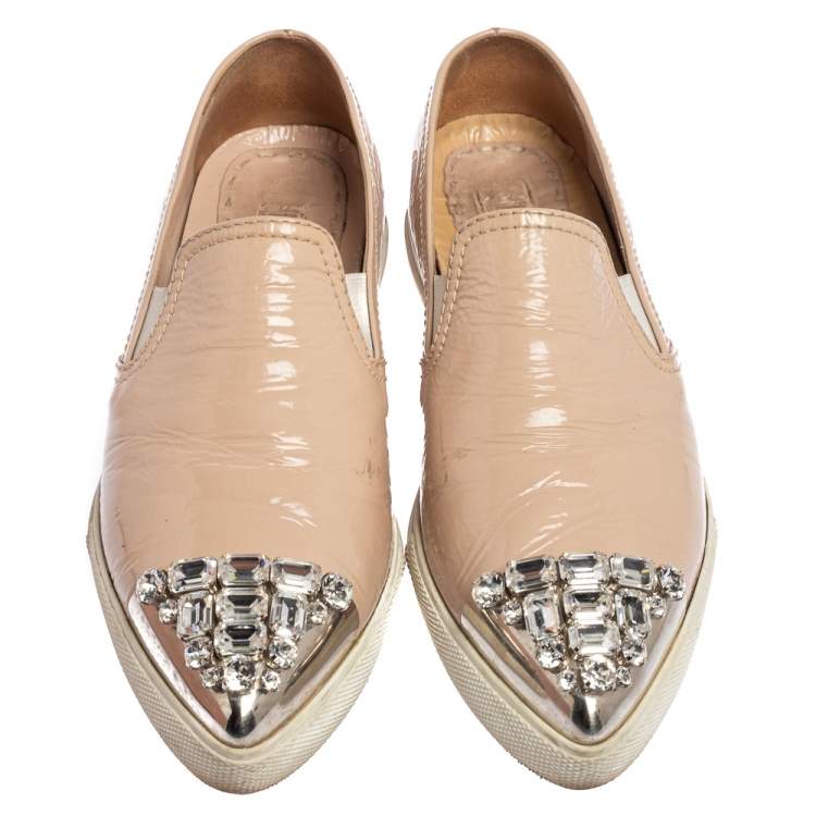 Pre Owned Miu Miu Beige Patent Leather Crystal Embellished Cap Toe Slip On Sneakers Size 38
