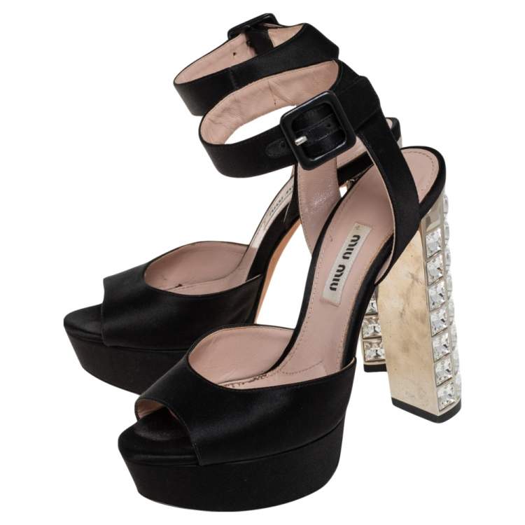 Pre Owned Miu Miu Black Satin Platform Ankle Strap Sandals Size 35.5