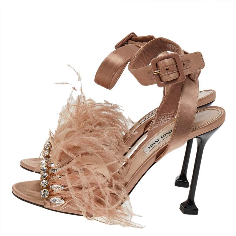 Pre Owned Miu Miu Beige Satin And Feather Crystal Embellished Ankle Strap Sandals Size 37