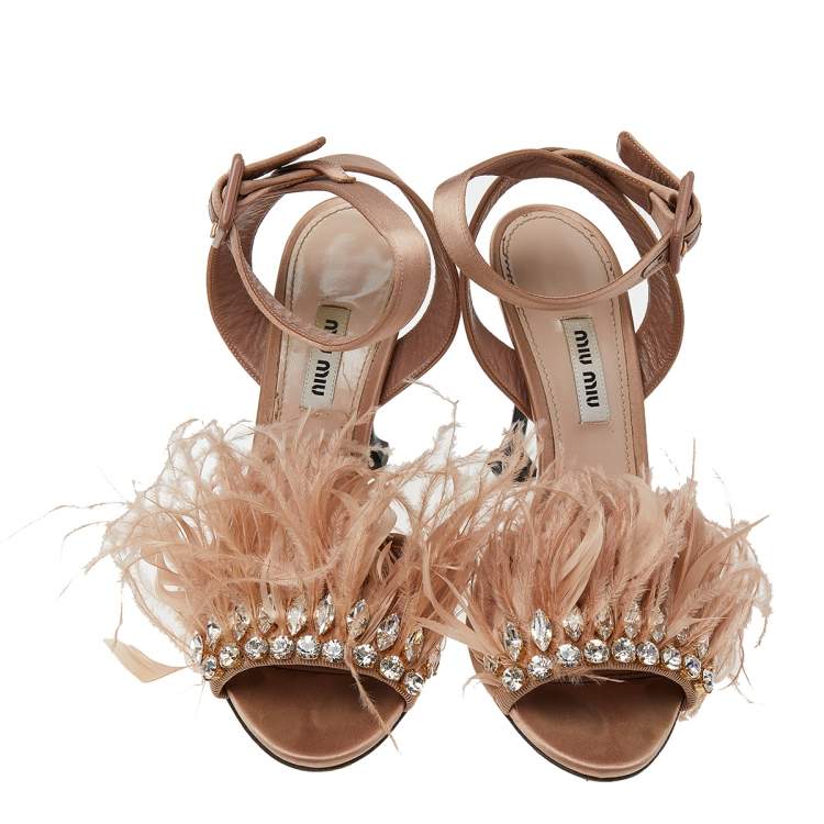 Pre Owned Miu Miu Beige Satin And Feather Crystal Embellished Ankle Strap Sandals Size 37