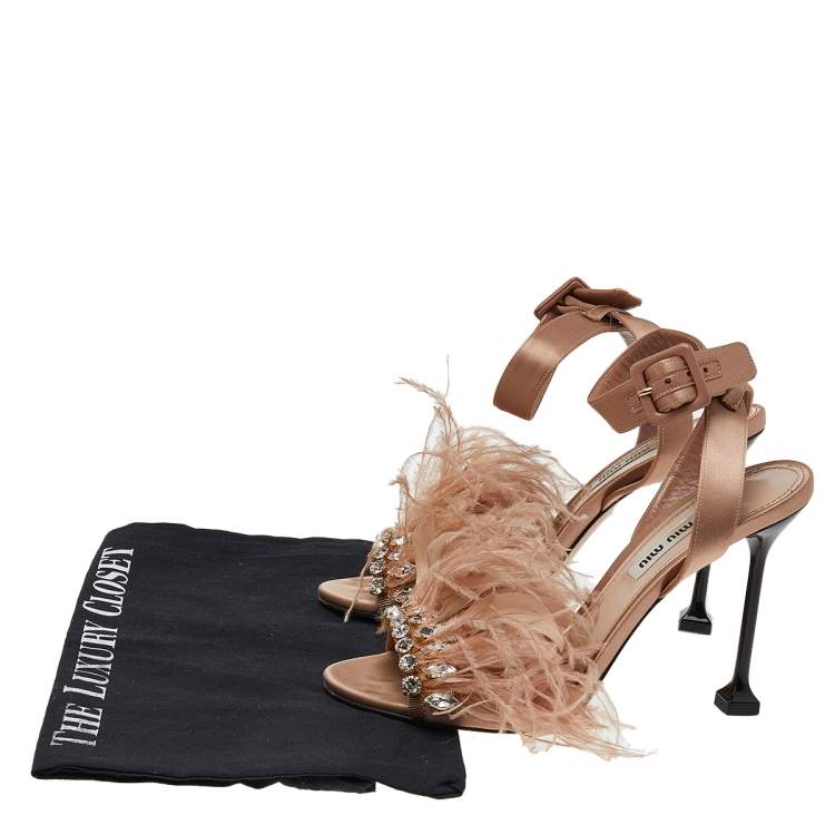 Pre Owned Miu Miu Beige Satin And Feather Crystal Embellished Ankle Strap Sandals Size 37