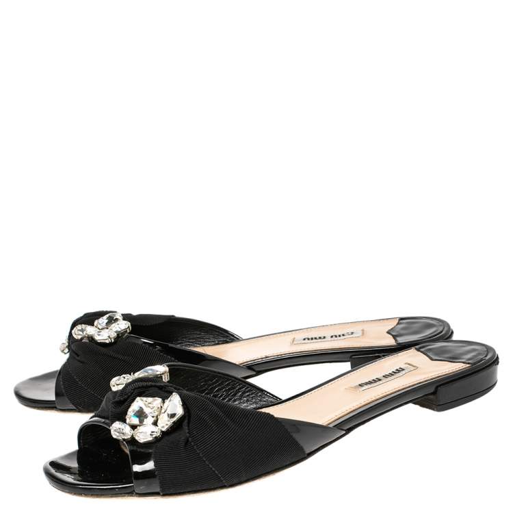 Pre Owned Miu Miu Black Patent Leather Crystal Embellished Slide Flats Size 39.5
