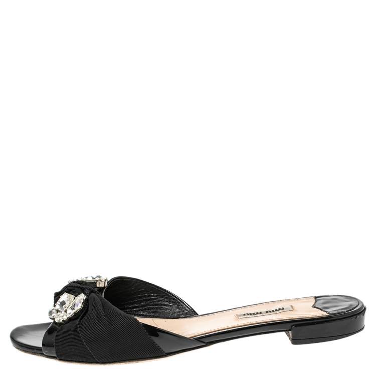 Pre Owned Miu Miu Black Patent Leather Crystal Embellished Slide Flats Size 39.5