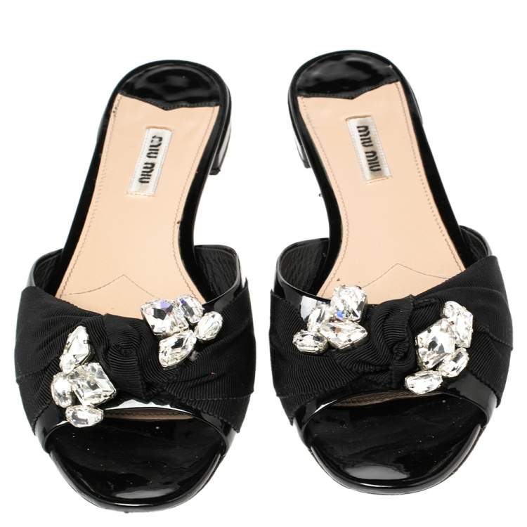 Pre Owned Miu Miu Black Patent Leather Crystal Embellished Slide Flats Size 39.5