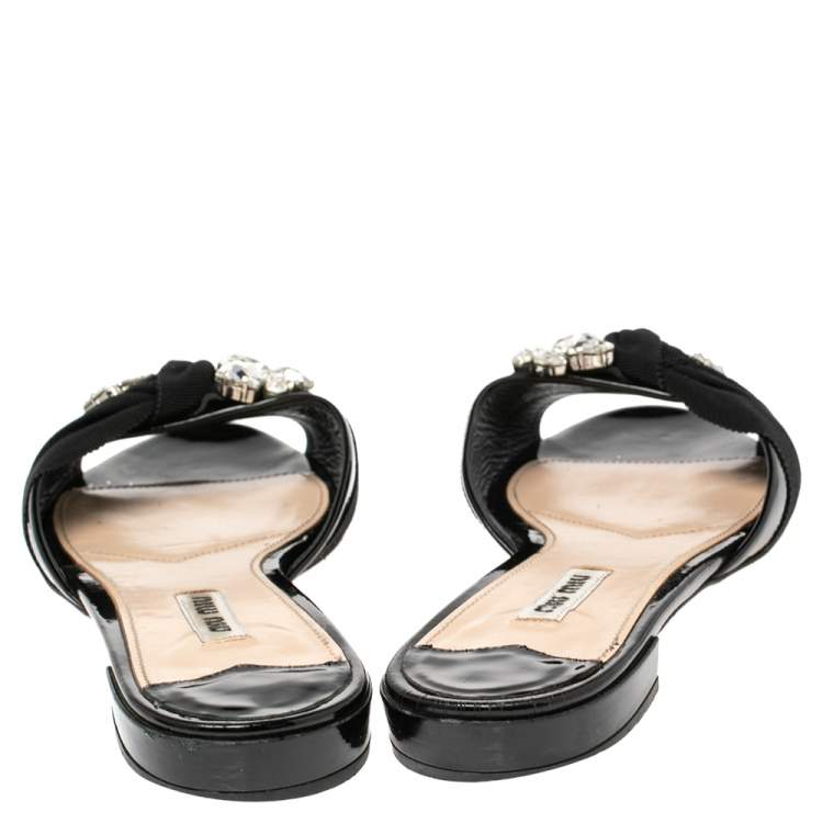 Pre Owned Miu Miu Black Patent Leather Crystal Embellished Slide Flats Size 39.5
