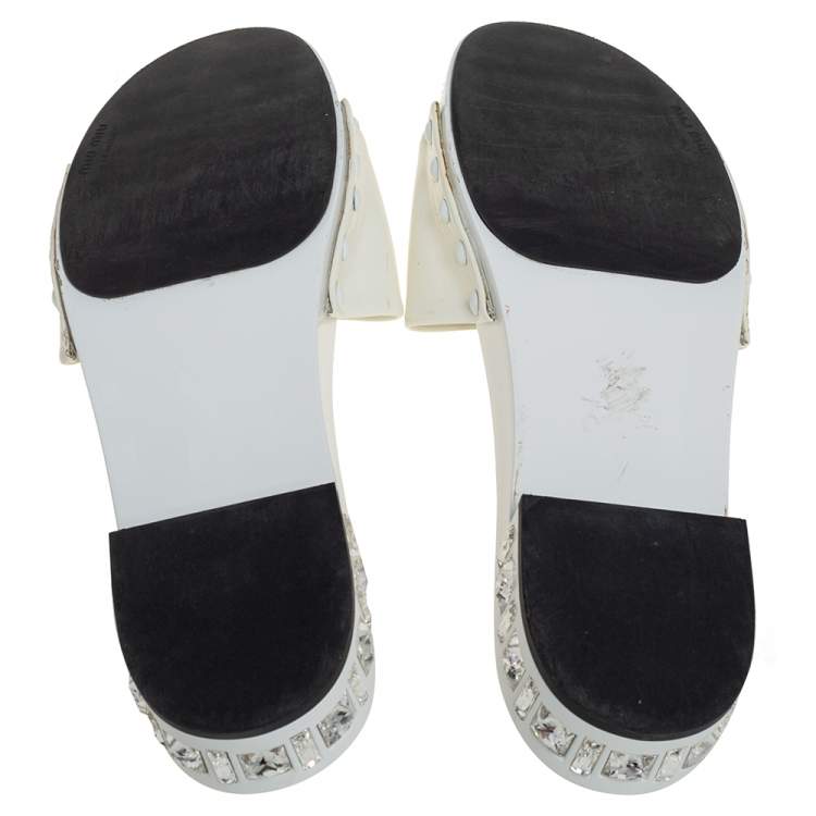 Pre Owned Miu Miu White Patent Leather Crystal Embellished Slide Flats Size 40