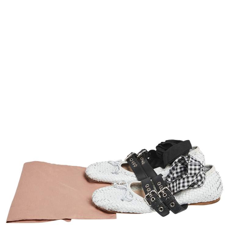 Pre Owned Miu Miu White Leather Ribbon-Strap Buckle Ballet  Flats Size 39.5