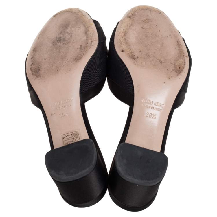 Pre Owned Miu Miu Black Satin and Canvas Crystal Embellished  Slide Sandals Size 38.5