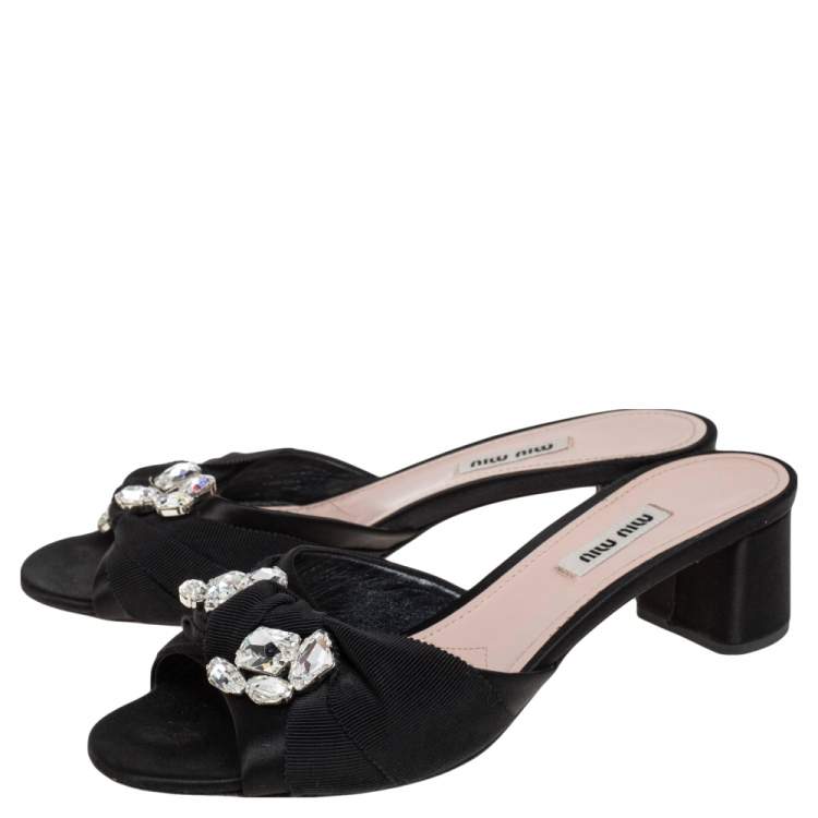 Pre Owned Miu Miu Black Satin and Canvas Crystal Embellished  Slide Sandals Size 38.5