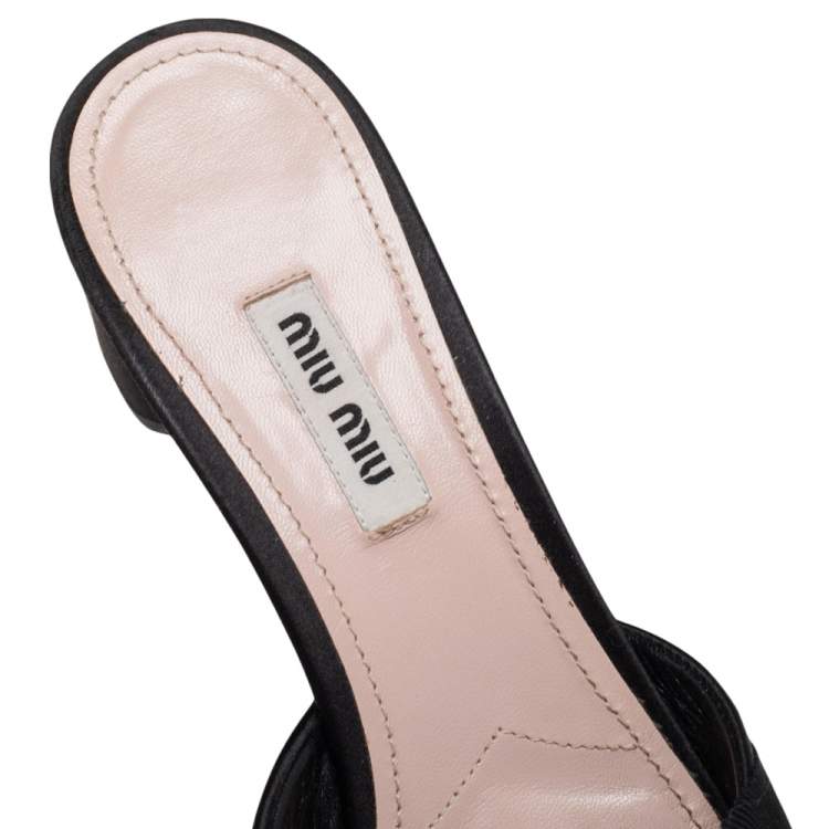 Pre Owned Miu Miu Black Satin and Canvas Crystal Embellished  Slide Sandals Size 38.5