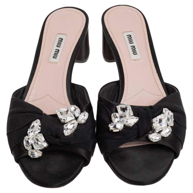 Pre Owned Miu Miu Black Satin and Canvas Crystal Embellished  Slide Sandals Size 38.5