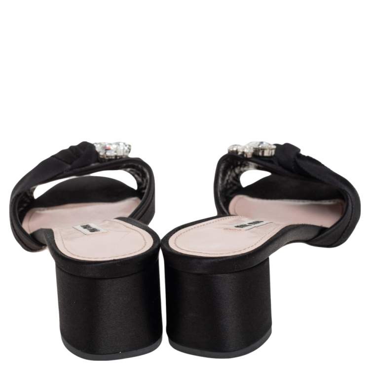 Pre Owned Miu Miu Black Satin and Canvas Crystal Embellished  Slide Sandals Size 38.5