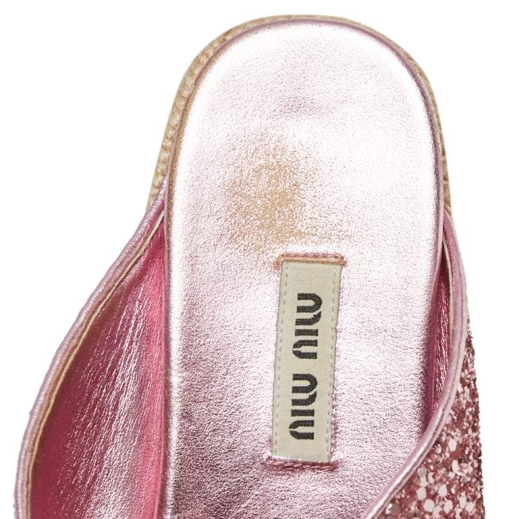 مملوكة مسبقًا Miu Miu Metallic Pink Glitter Espadrille Platform Slides Size 37.5