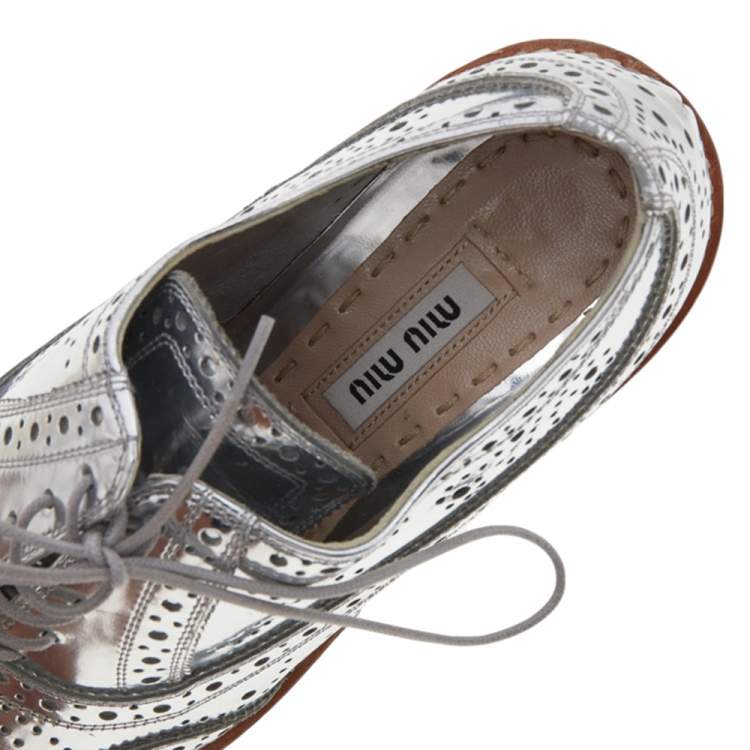 Pre Owned Miu Miu Silver Brogue Leather Platform Lace Up Oxford Size 35