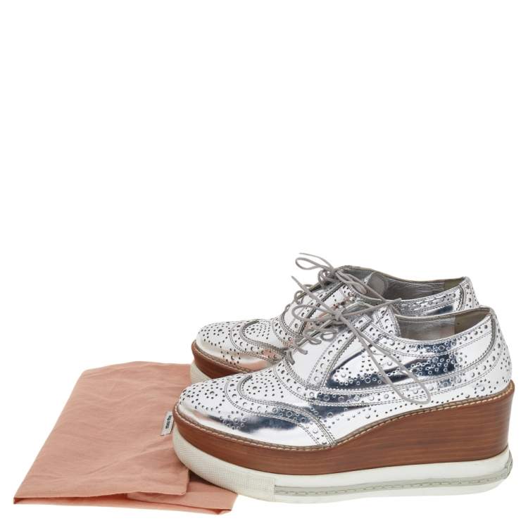 Pre Owned Miu Miu Silver Brogue Leather Platform Lace Up Oxford Size 35