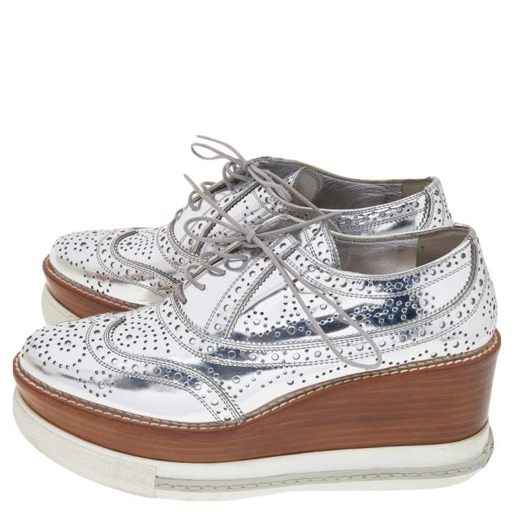 Pre Owned Miu Miu Silver Brogue Leather Platform Lace Up Oxford Size 35