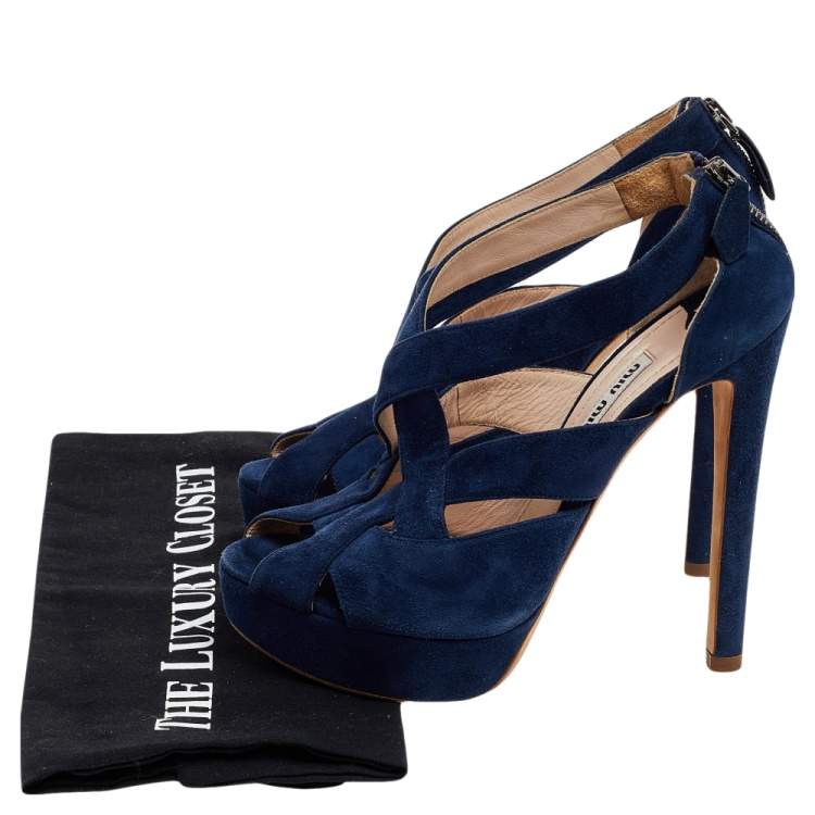 Pre Owned Miu Miu Blue Suede Peep Toe Platform Slingback Sandals Size 36