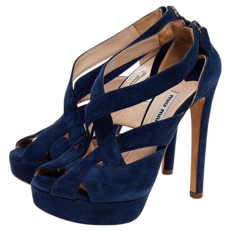 Pre Owned Miu Miu Blue Suede Peep Toe Platform Slingback Sandals Size 36