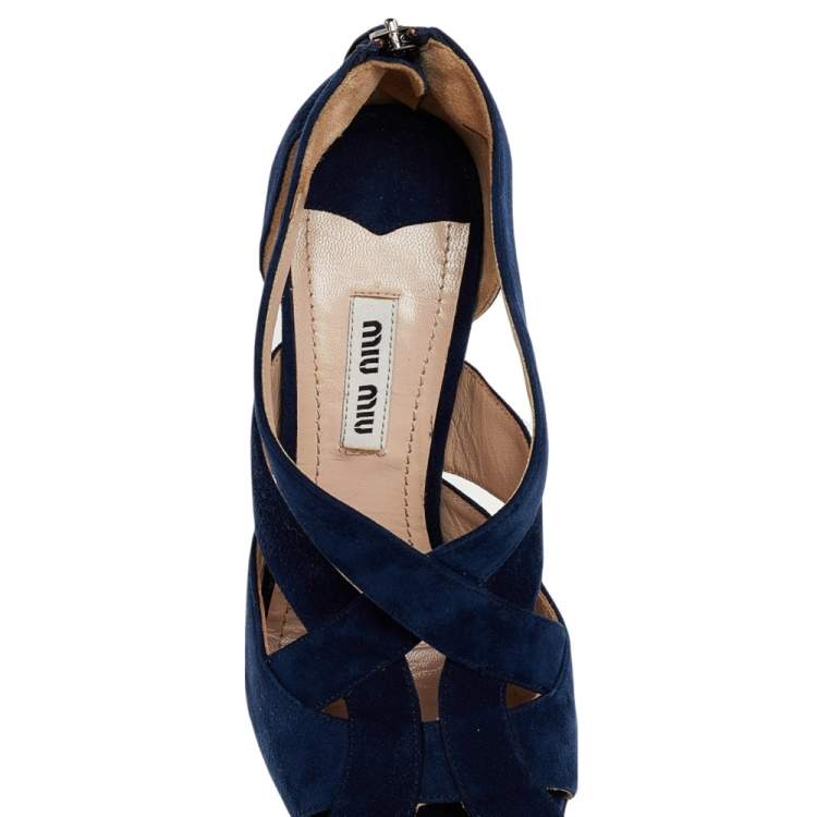 Pre Owned Miu Miu Blue Suede Peep Toe Platform Slingback Sandals Size 36