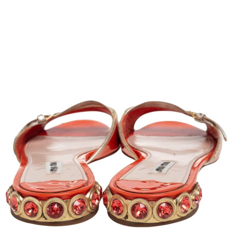 مملوكة مسبقًا Miu Miu Orange Patent Leather  Slide Sandals Size 36.5