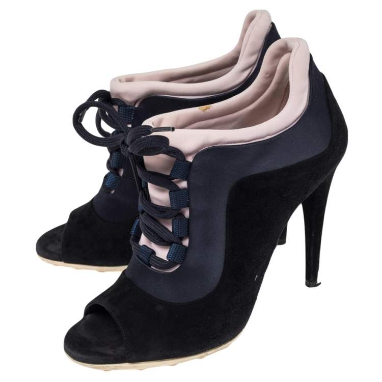 Pre Owned Miu Miu Black  Suede Peep Toe Booties Size 36.5