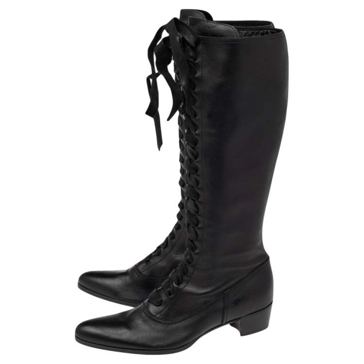 Pre Owned Miu Miu Black Leather Lace Up Thigh High Boots Size 38.5