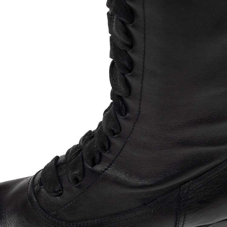Pre Owned Miu Miu Black Leather Lace Up Thigh High Boots Size 38.5
