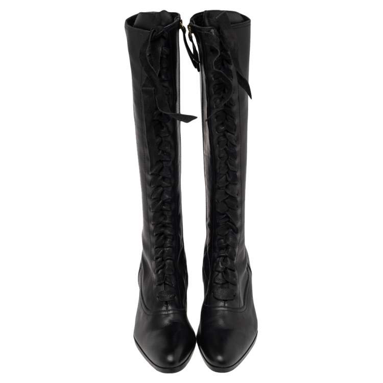 Pre Owned Miu Miu Black Leather Lace Up Thigh High Boots Size 38.5