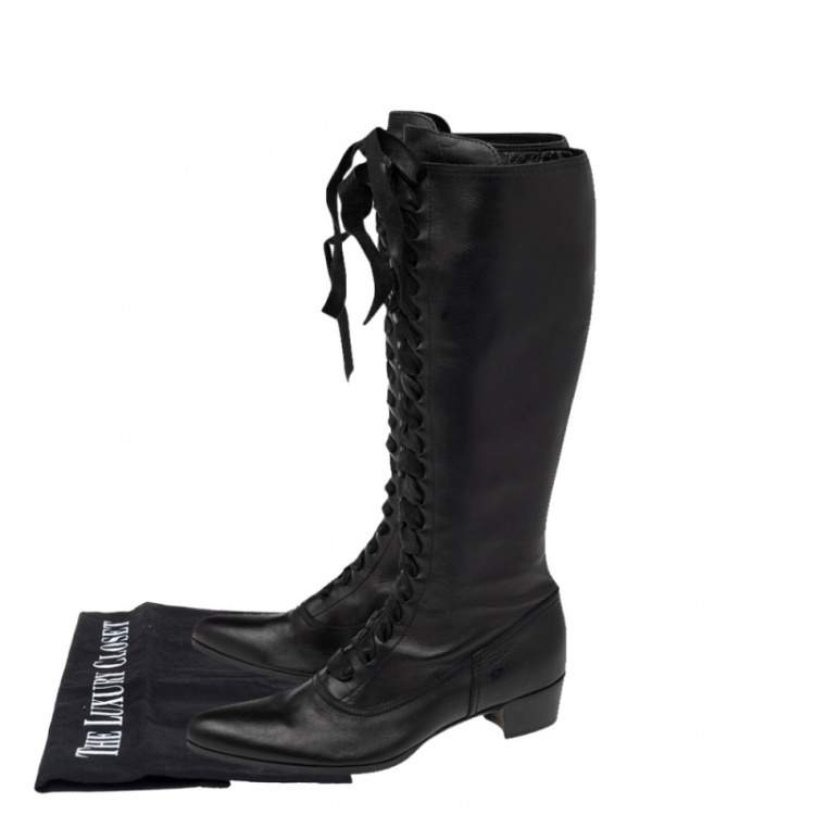 Pre Owned Miu Miu Black Leather Lace Up Thigh High Boots Size 38.5