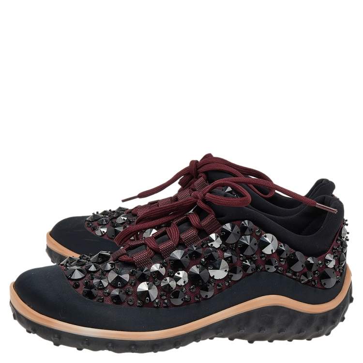 Pre Owned Miu Miu Black/Burgundy Embellished Satin and Mesh Astro Sneakers Size 35.5