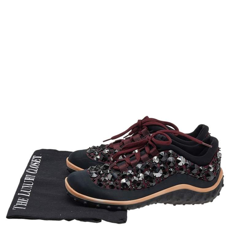 Pre Owned Miu Miu Black/Burgundy Embellished Satin and Mesh Astro Sneakers Size 35.5