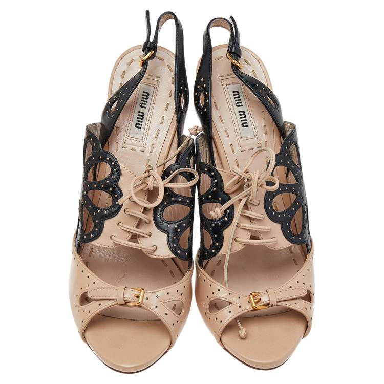 Pre Owned Miu Miu Beige/Black Leather Ankle Strap Sandals Size 37.5