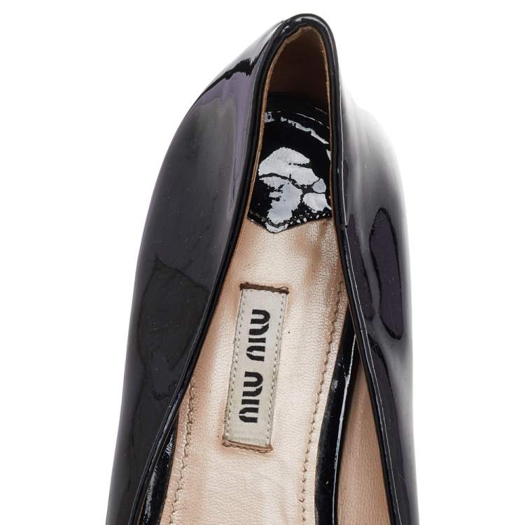 Pre Owned Miu Miu Black Patent Leather Bow Crystal Embellished Smoking Slippers Size 38.5