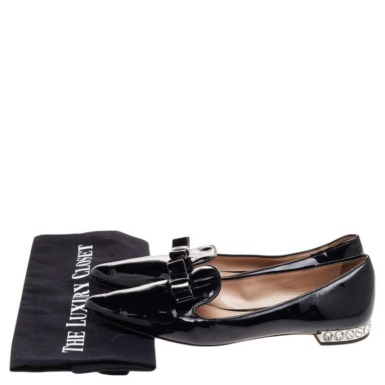 Pre Owned Miu Miu Black Patent Leather Bow Crystal Embellished Smoking Slippers Size 38.5
