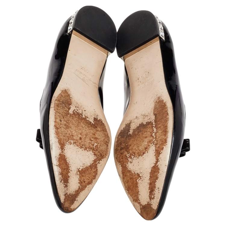 Pre Owned Miu Miu Black Patent Leather Bow Crystal Embellished Smoking Slippers Size 38.5