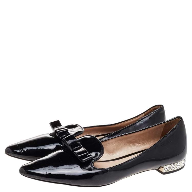 Pre Owned Miu Miu Black Patent Leather Bow Crystal Embellished Smoking Slippers Size 38.5