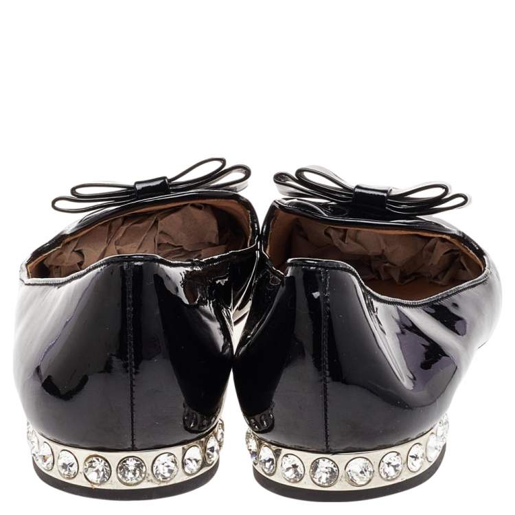 Pre Owned Miu Miu Black Patent Leather Bow Crystal Embellished Smoking Slippers Size 38.5