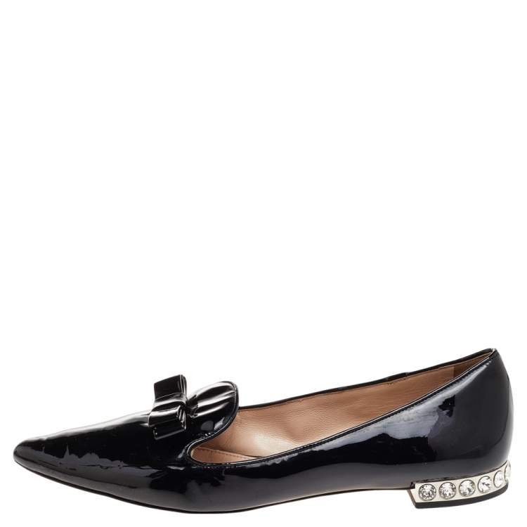 Pre Owned Miu Miu Black Patent Leather Bow Crystal Embellished Smoking Slippers Size 38.5