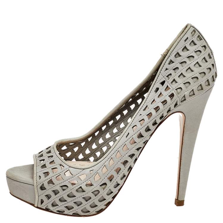 Pre Owned Miu Miu Grey Laser Cut Leather Peep Toe Platform Pumps Size 37