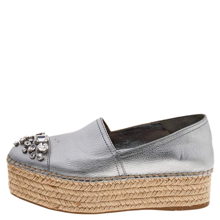 Pre Owned Miu Miu Metallic Silver Leather Crystal Embellished Espadrille Platform Flats Size 38