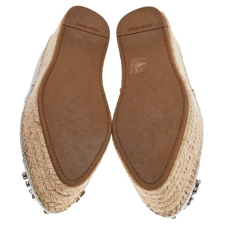 Pre Owned Miu Miu Metallic Silver Leather Crystal Embellished Espadrille Platform Flats Size 38
