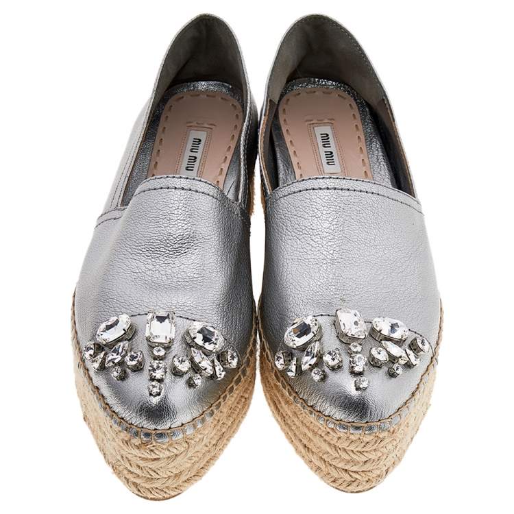Pre Owned Miu Miu Metallic Silver Leather Crystal Embellished Espadrille Platform Flats Size 38