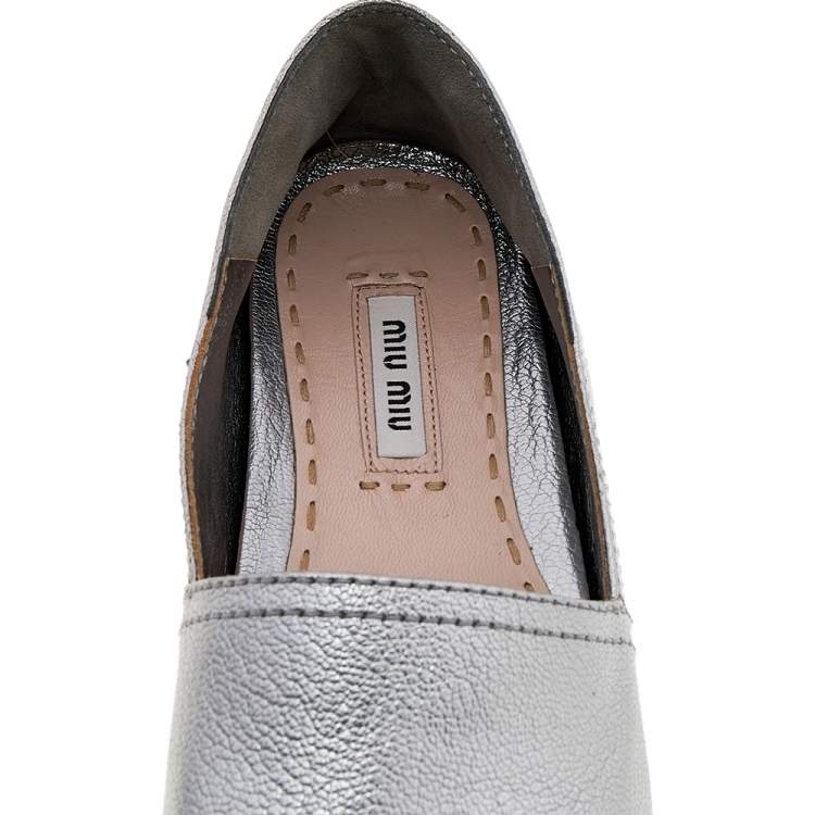 Pre Owned Miu Miu Metallic Silver Leather Crystal Embellished Espadrille Platform Flats Size 38