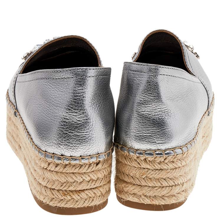Pre Owned Miu Miu Metallic Silver Leather Crystal Embellished Espadrille Platform Flats Size 38