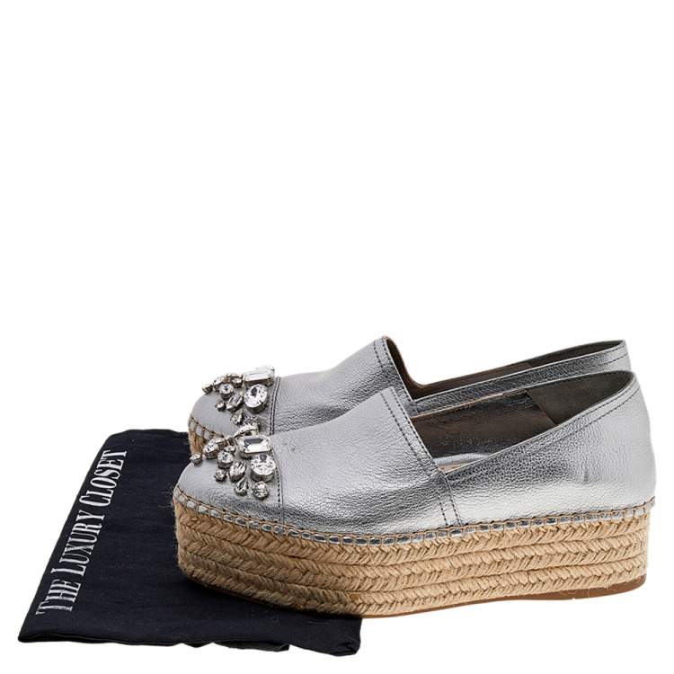 Pre Owned Miu Miu Metallic Silver Leather Crystal Embellished Espadrille Platform Flats Size 38